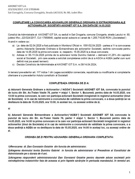 Convocator Completat Pentru Adunarile Generale Axionet IOT SA 14-15.05.2025